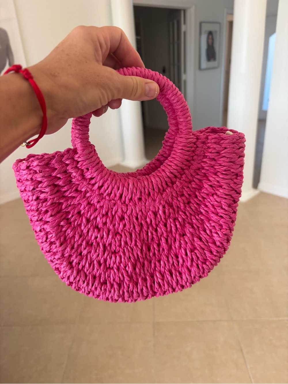 Pink Straw Crossbody Round-Handle Tote